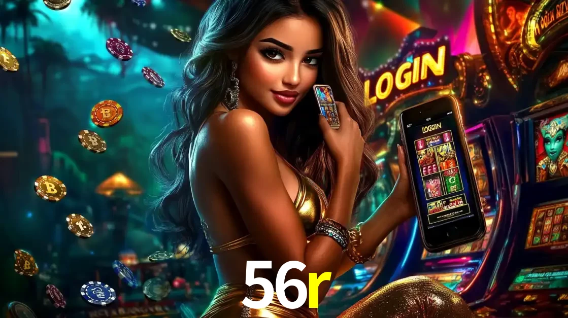 Mulher em um cenário de cassino temático de aventura, mostrando o app de caça-níqueis da 56r no celular. Fichas de apostas flutuam ao redor.