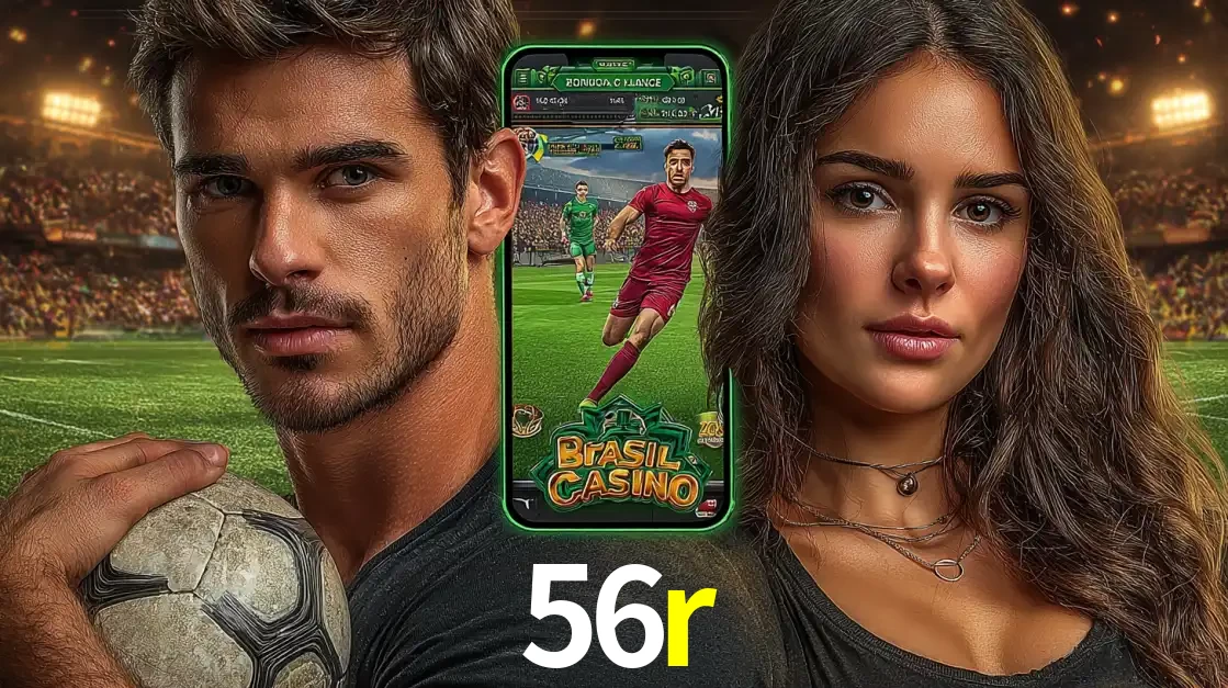 Homem segurando uma bola de futebol e uma mulher ao lado de um smartphone exibindo o jogo de apostas esportivas da 56r. Faça seu palpite no cassino online.